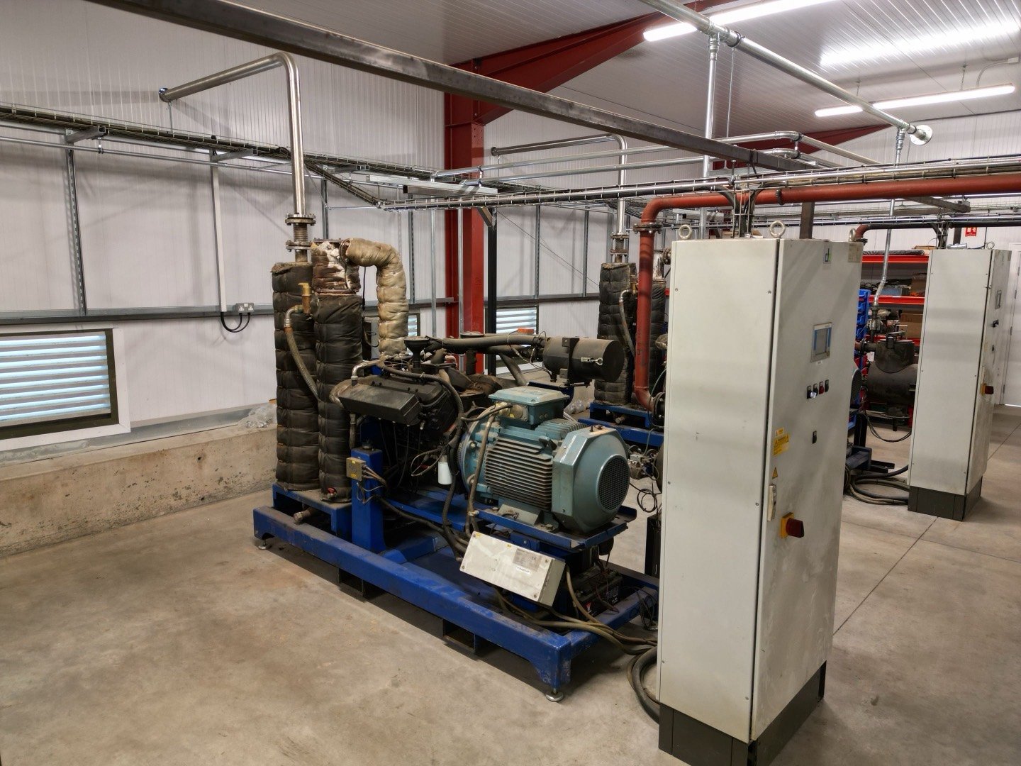 Biomass CHP plant room: a skid-mounted gasifier and generator set with insulated flue columns and a control cabinet.